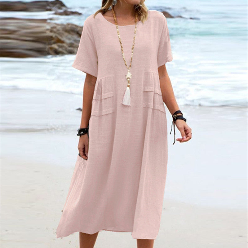Sarah Express Women's Loose Casual Midi Dress Short Sleeve Summer Beach Cotton Linen Style