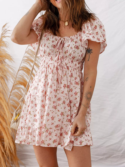 Sarah Express Women's Front Tie Shirred Waist Short Sleeve Ruffled Floral Mini Dress