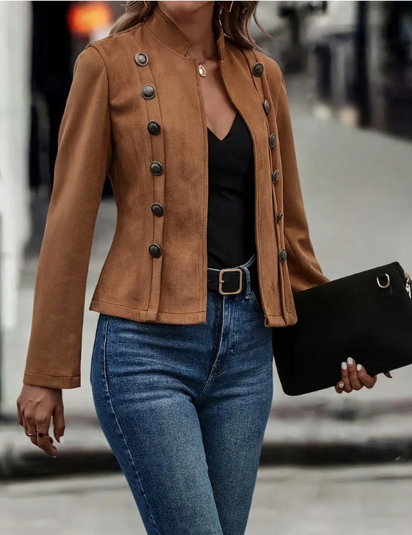 Sarah Express Women's Double-Breasted Suede Jacket Slim Fit Retro Long Sleeve Deerskin Velvet Fall Winter Outerwear