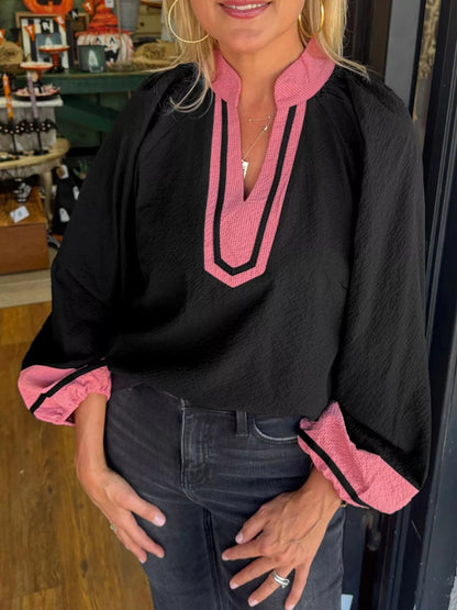 Sarah Express Women's Color Block Patchwork Detail Textured Long Sleeve Blouse Black