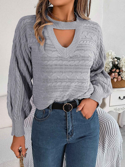 Sarah Express Women's Cable Knit Pullover Sweater - Hollow Out Long Sleeve Knitwear Gray
