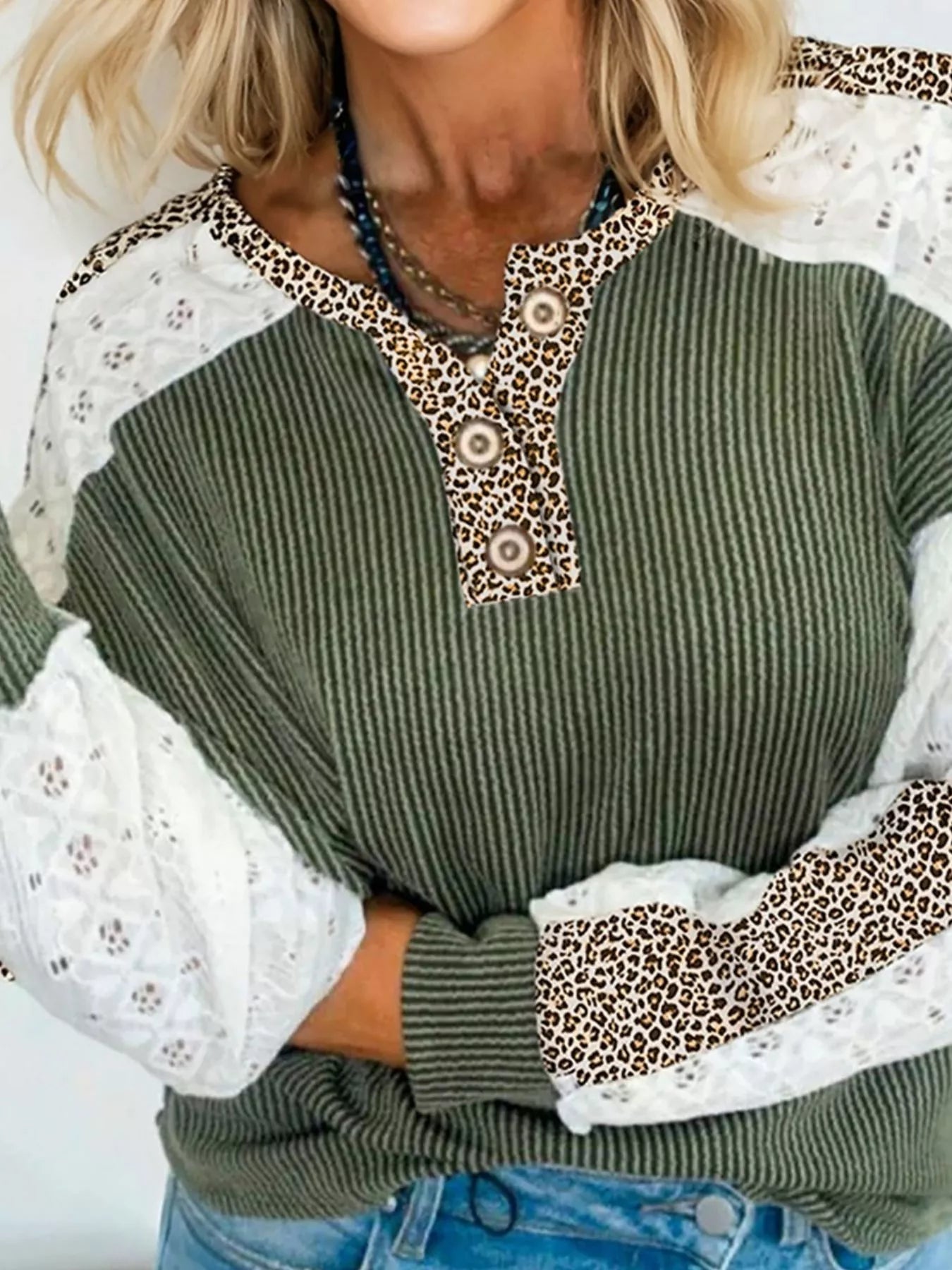 Sarah Express Women's Twisted Ribbed Leopard Lace Contrast Long Sleeve Top