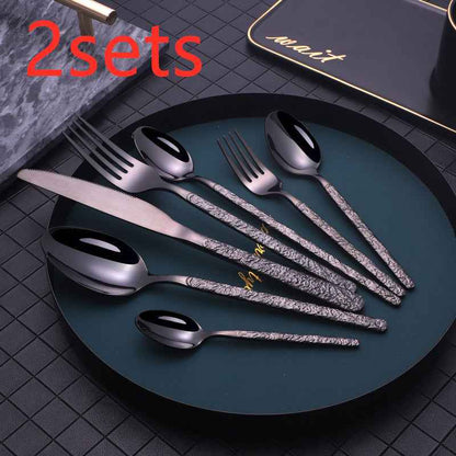 Sarah Express Premium Stainless Steel Steak Knife Fork Set - Embossed Handle Western Cutlery Black 7PCS 2sets