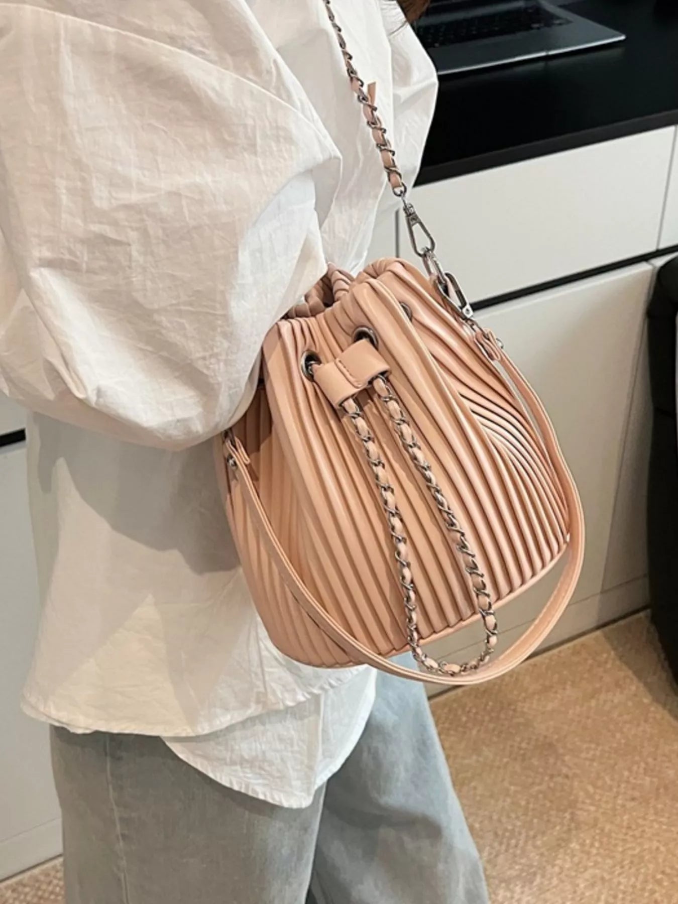 Sarah Express Pleated Bucket Crossbody Bag - Vegan Leather Shoulder Bag
