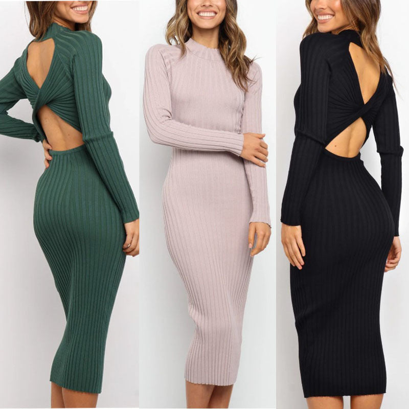 Sarah Express Women's Backless Bow Sweater Dress - Solid Color Bodycon Knit Dress