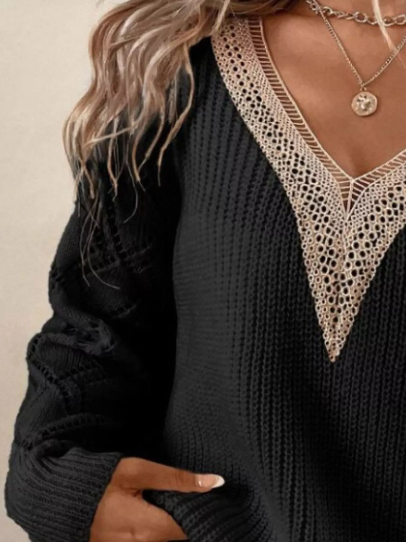 Sarah Express Women's V-Neck Openwork Sweater