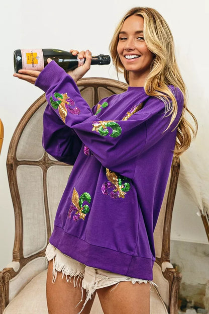 Sarah Express Women's Fleur De Lis Sequin Patches Mardi Gras Sweatshirt