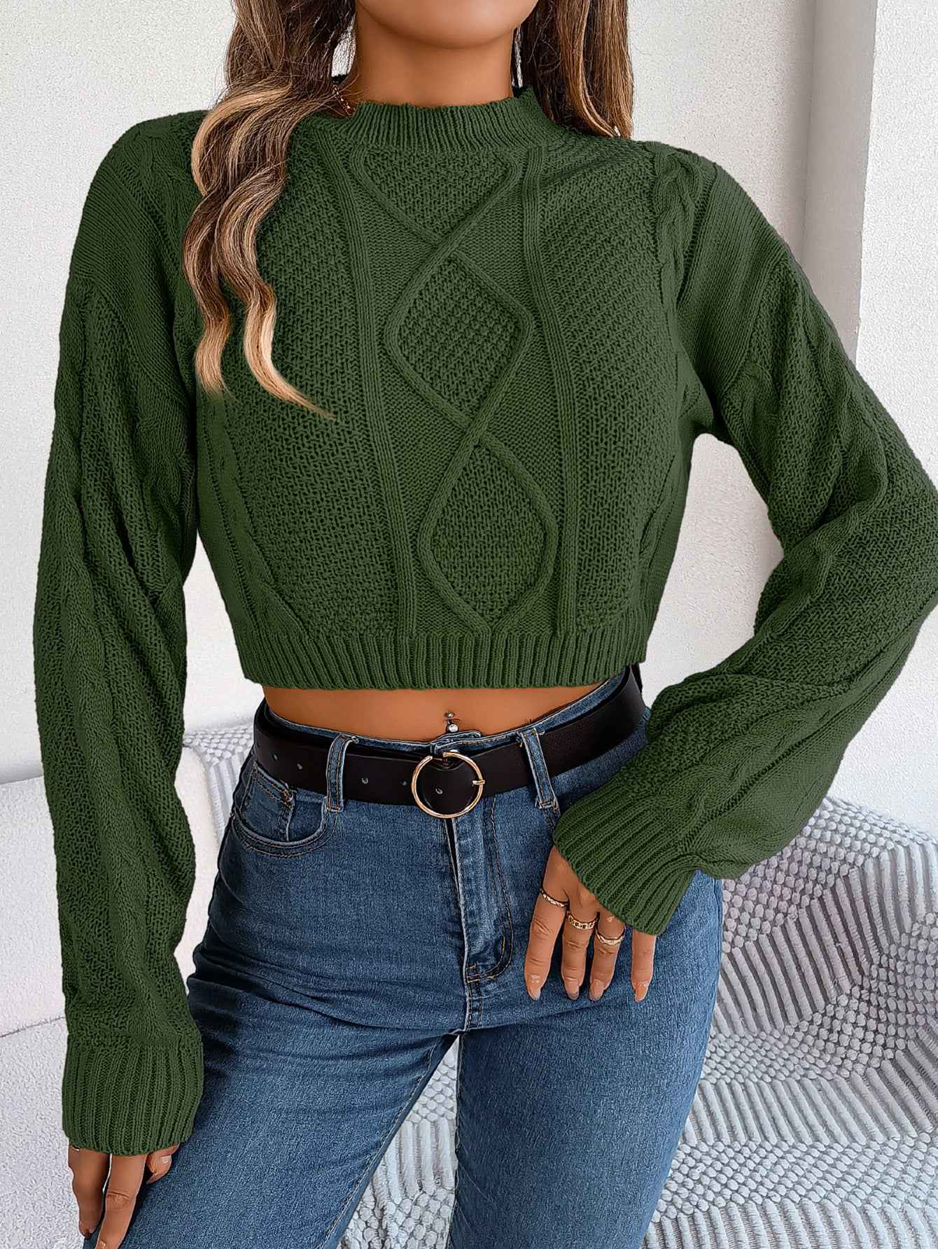 Sarah Express Women's Cable Knit Cropped Pullover Sweater - Long Sleeve Solid Color Army green