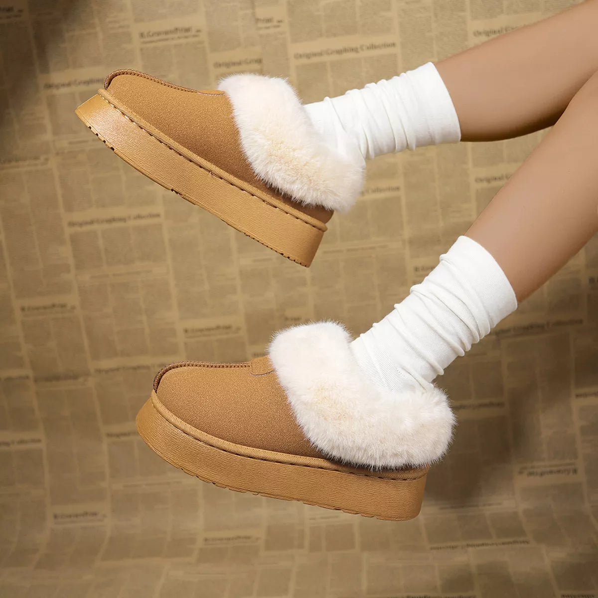 Sarah Express Women's Fuzzy Platform Ankle Boots Brown