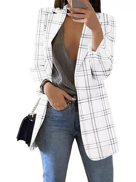 Sarah Express Women's Plaid Lapel Collar Blazer White