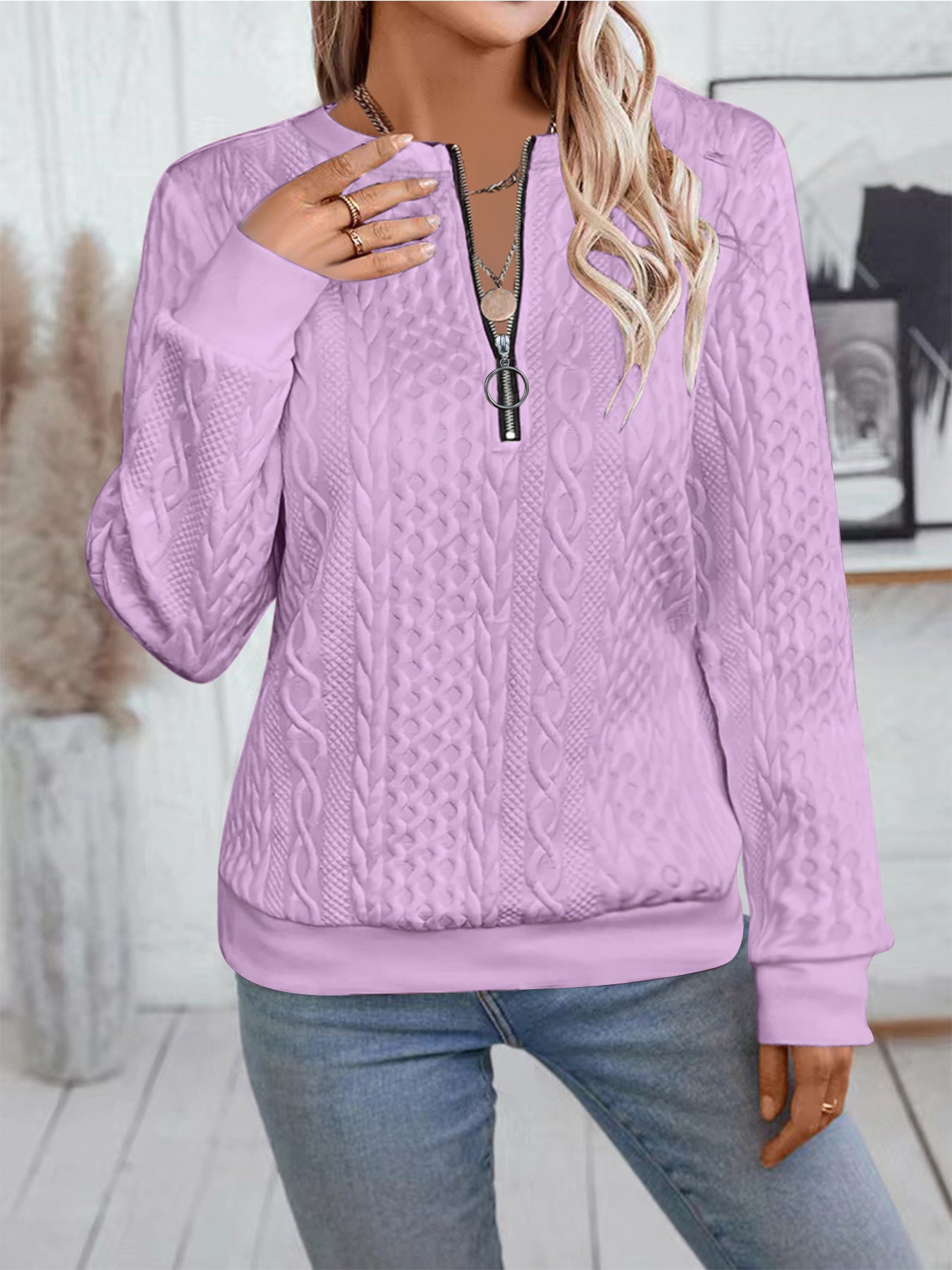 Sarah Express Women's Zipper Detail Long Sleeve Sweater Casual Loose Fit Pullover Top
