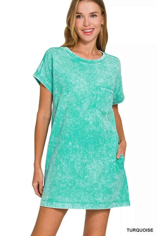 Sarah Express Women's Premium Cotton Washed T-Shirt Dress - Casual Relaxed Fit with Pockets TURQUOISE