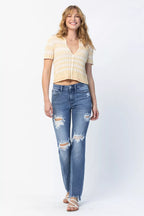 Sarah Express Women’s Plus Size Distressed Mid Rise Straight Jeans
