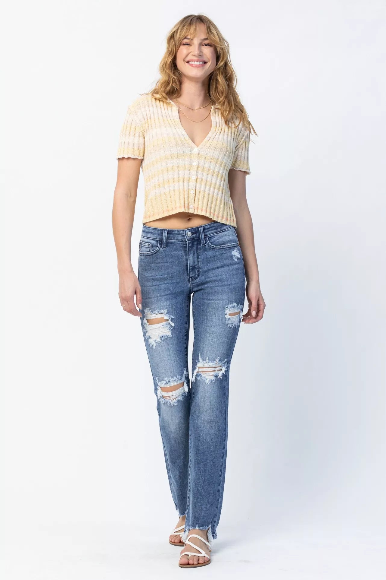 Sarah Express Women’s Plus Size Distressed Mid Rise Straight Jeans
