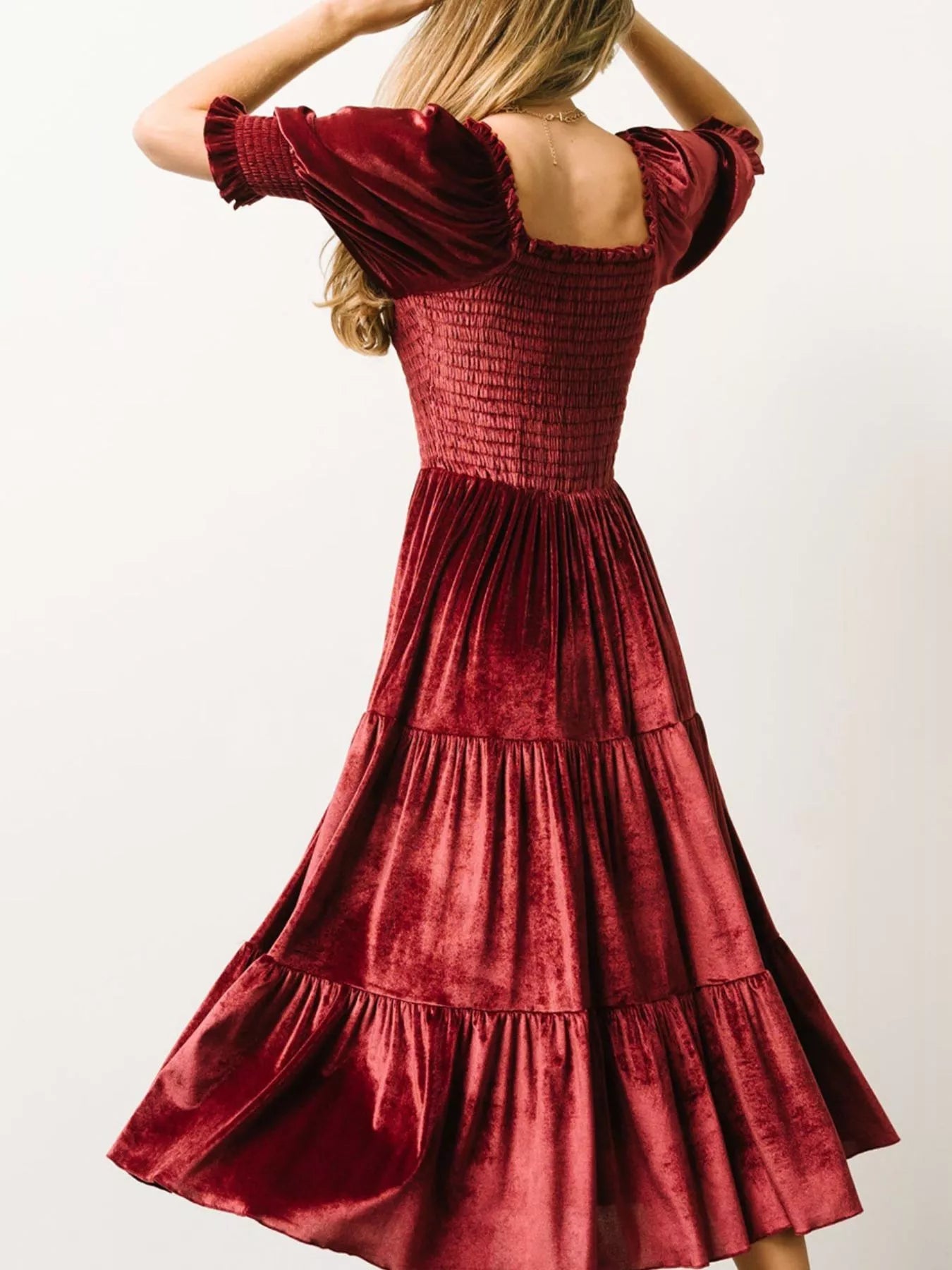 Sarah Express Women's Velvet Smocked Tiered Midi Dress