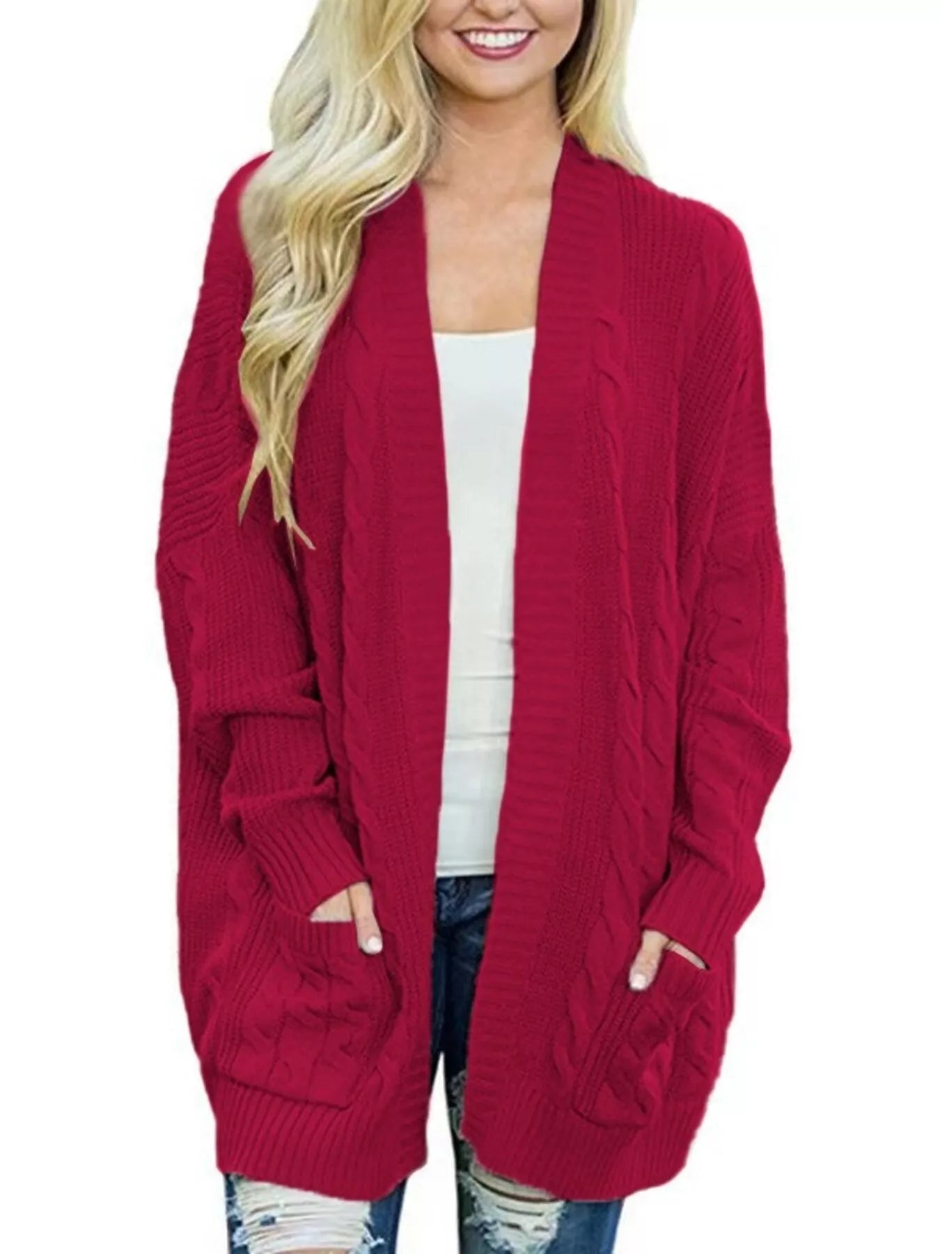 Sarah Express Women's Chunky Knit Open Front Cardigan - Cozy Oversized Plus Size Sweater Wine Red