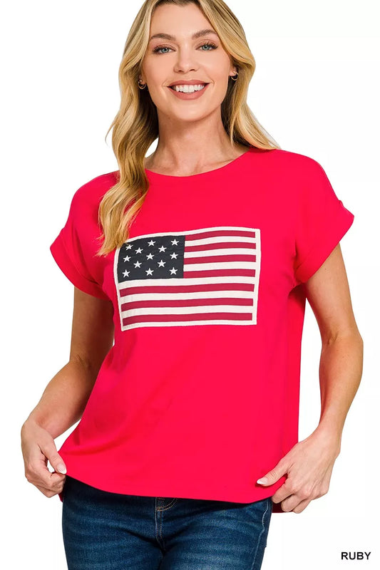 Sarah Express Women's US Flag Round Neck Short Sleeve T-Shirt Plus Size RUBY