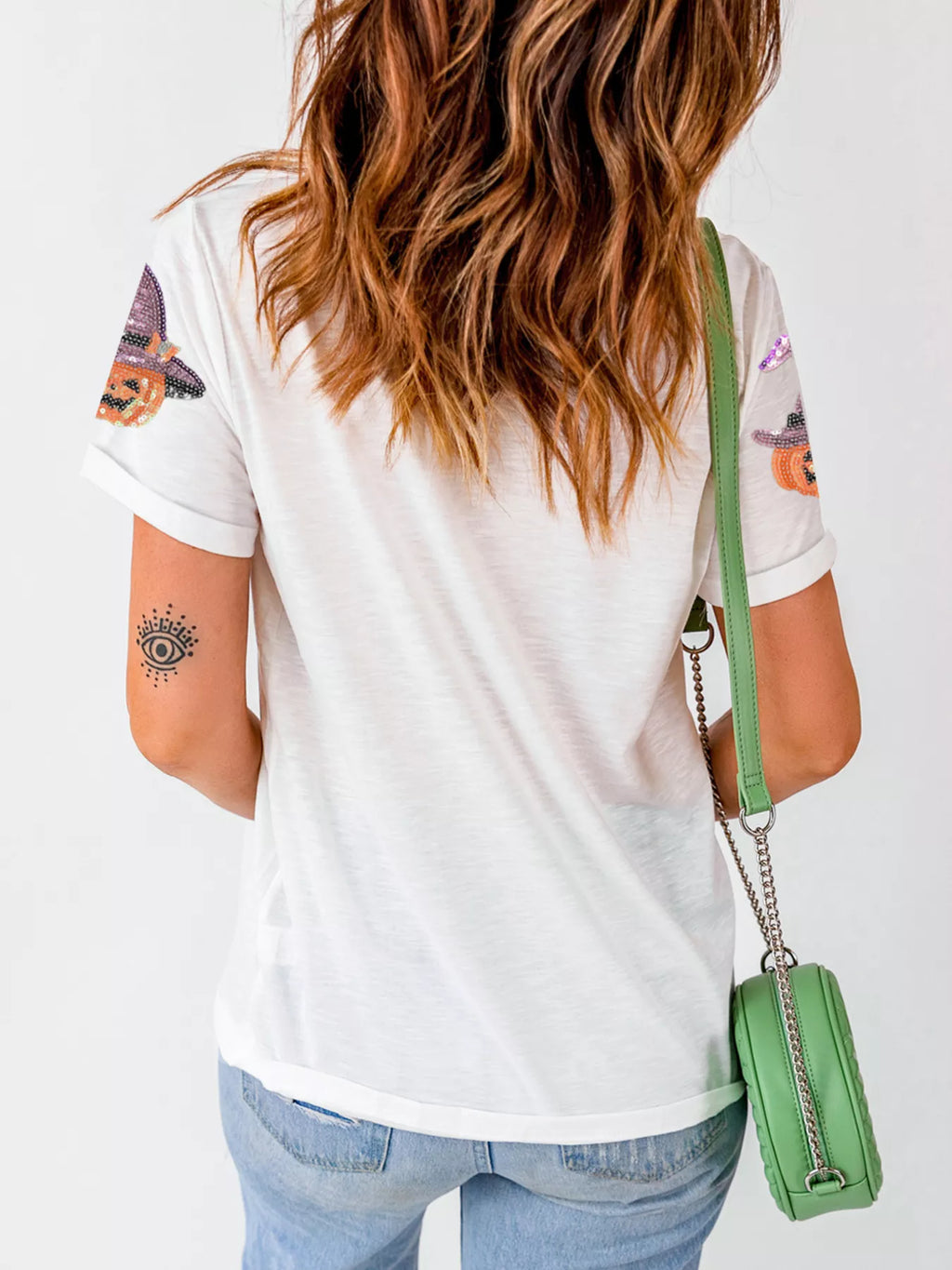 Sarah Express Women's Sequin Pumpkin Witch Halloween Tee