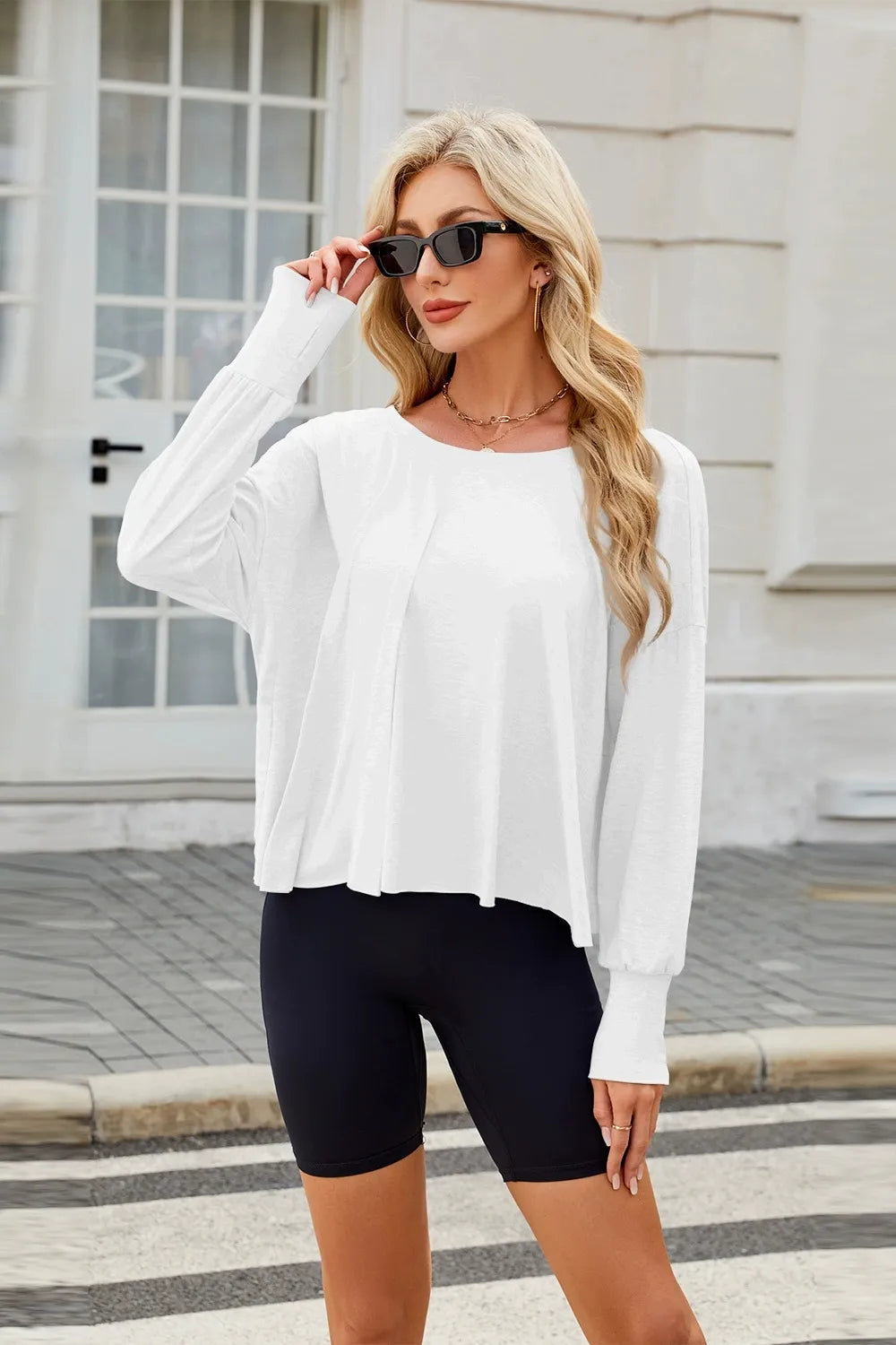 Sarah Express Women's Cutout Back Round Neck Long Sleeve T-Shirt White