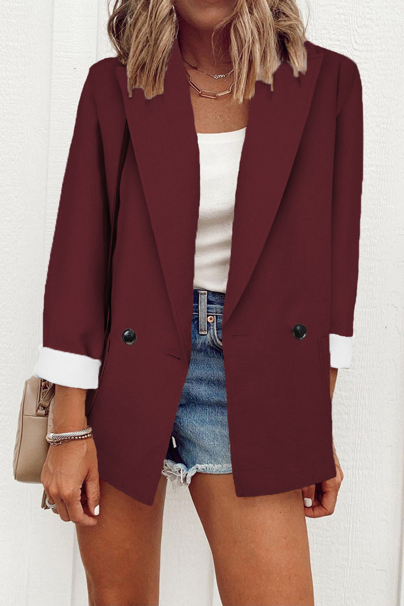 Sarah Express Women's Double-Breasted Blazer Loose Fit Suit Collar Long Sleeve Jacket