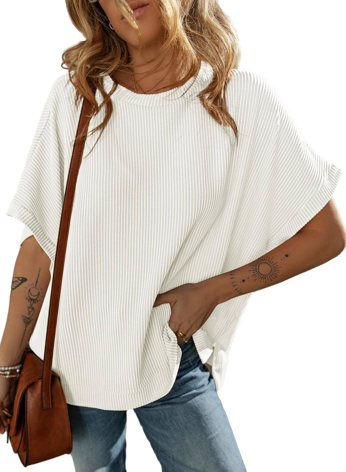 Sarah Express Solid Color Knitted T-Shirt Women's Half Sleeve Loose Casual Pullover Top