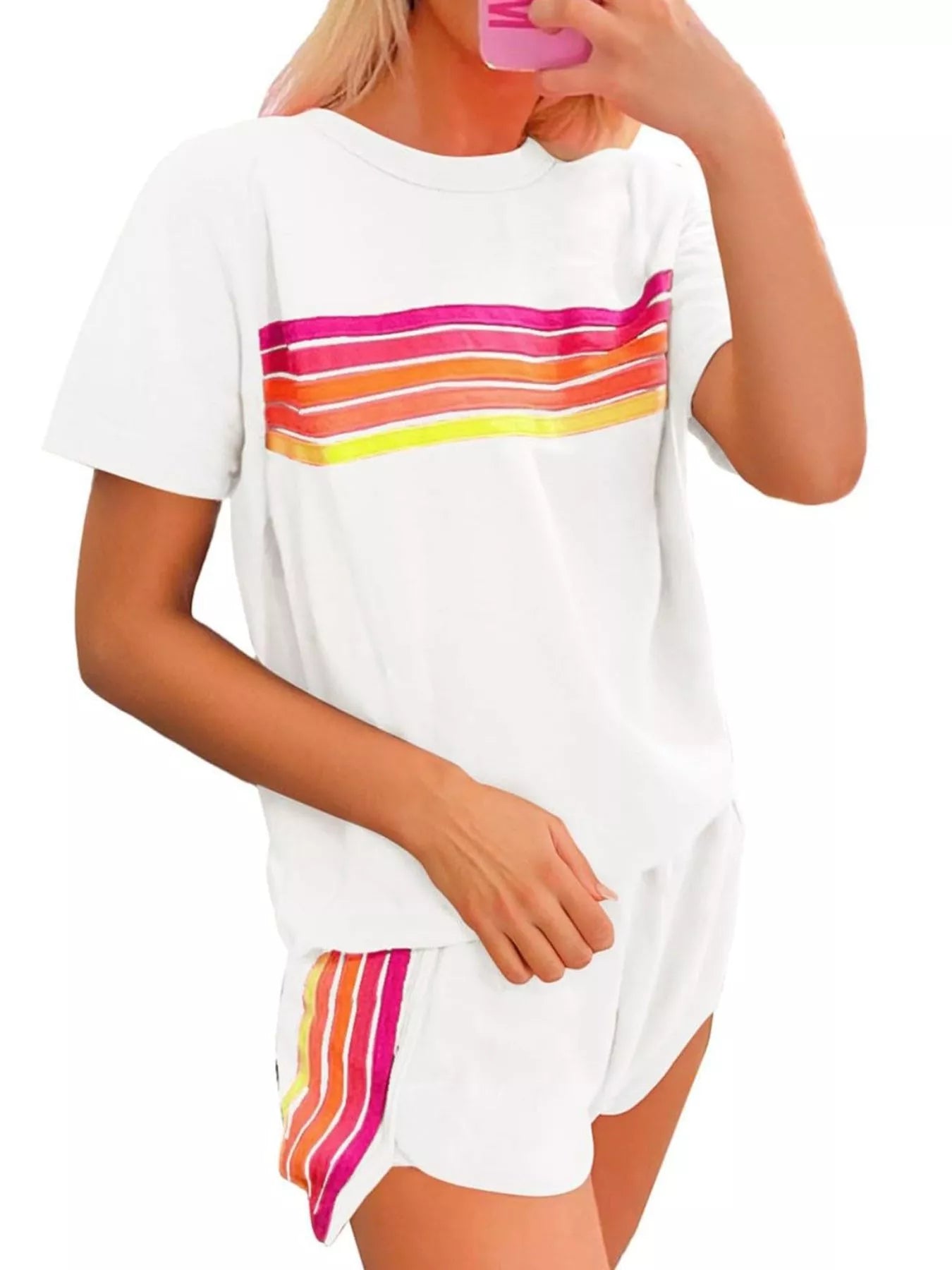 Sarah Express Women's Rainbow Striped Two Piece Set - Round Neck Top & Shorts Lounge Set