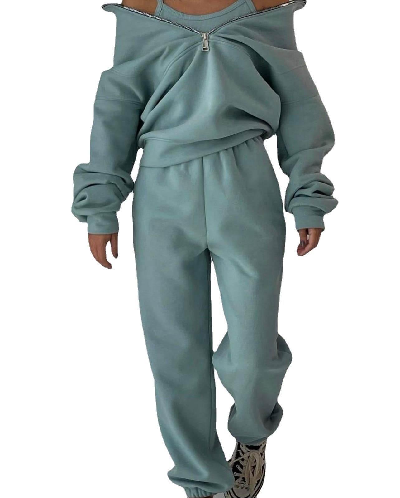 Sarah Express Fleece Sports Casual Three Piece Set Athleisure