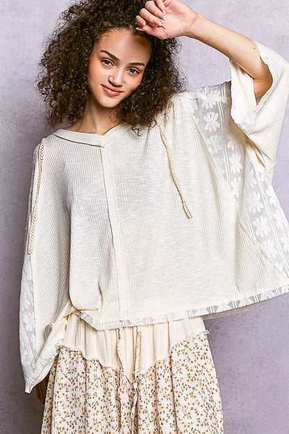 Sarah Express Women's Short Sleeve Hoodie Top with Lace Detail