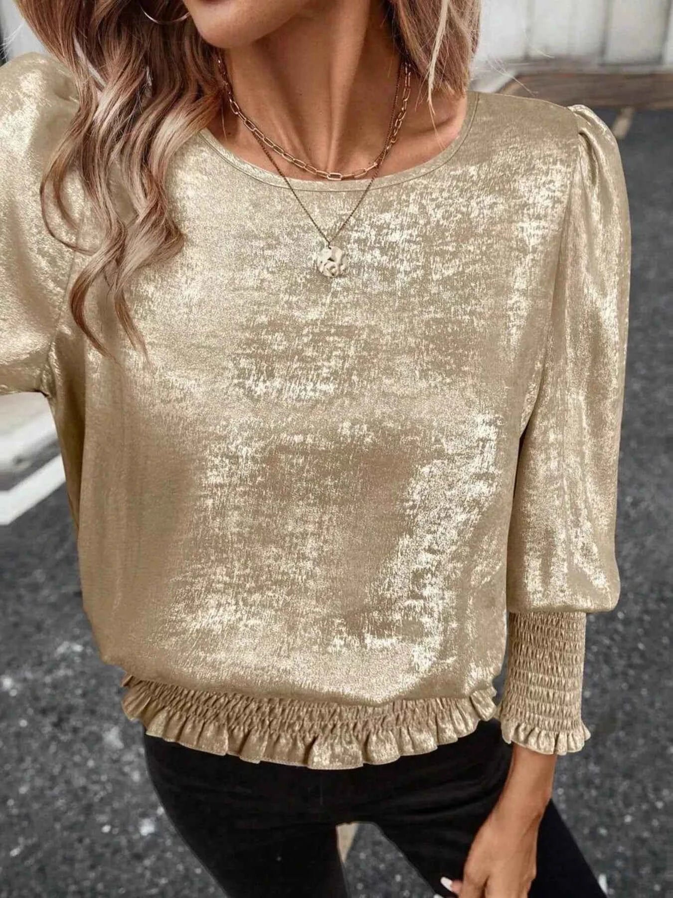 Sarah Express Women's Smocked Round Neck Long Sleeve Blouse