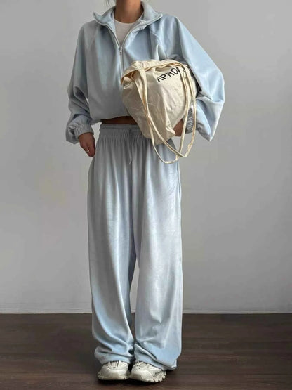 Sarah Express Women's Zip Up Long Sleeve Outerwear and Pants Set - Activewear Tracksuit Light Blue