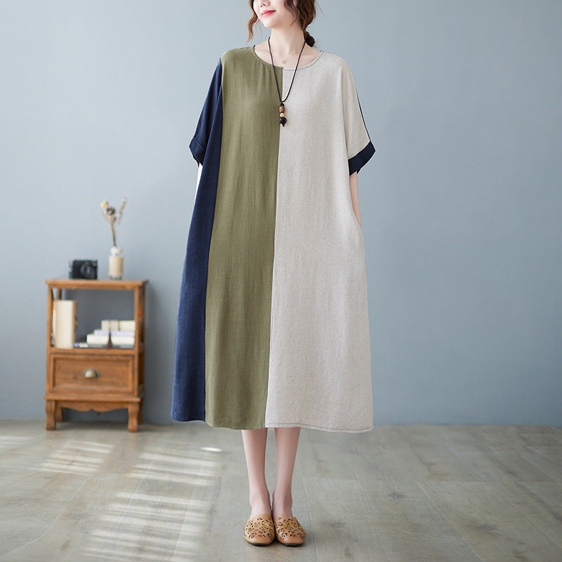 Sarah Express Women's Cotton Linen Contrast Paneled Dress Loose Fit Half Sleeve Midi Literary Style