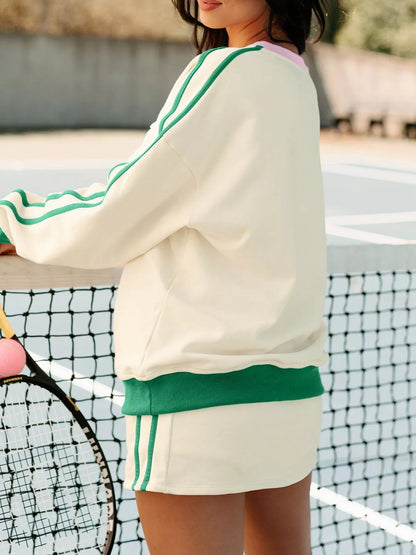 Sarah Express Women's Ribbed Colorblock V Neck Sporty Pullover Mini Skort Athleisure Set