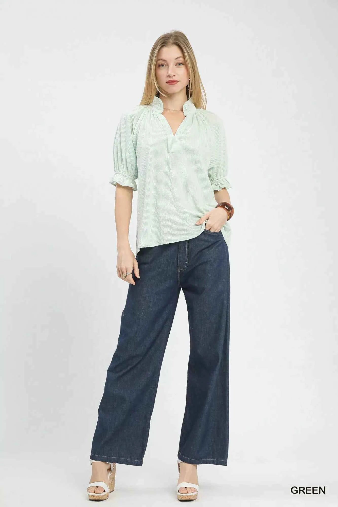 Sarah Express Women's Textured Ruffle Sleeve V-Neck Top - Romantic Blouse