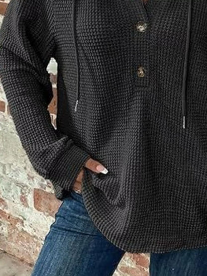 Sarah Express Women's Button Detail Waffle Knit Hoodie - Plus Size Drawstring Pullover with Pockets