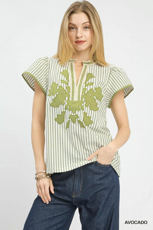Sarah Express Women's V-Neck Striped Top with Embroidered Lace Trim - Cotton Blend Short Sleeve Blouse AVOCADO