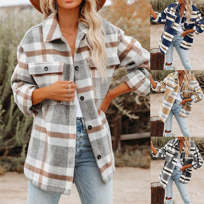 Sarah Express Women's Plaid Flannel Woolen Button-Up Shirt Urban Cardigan Style