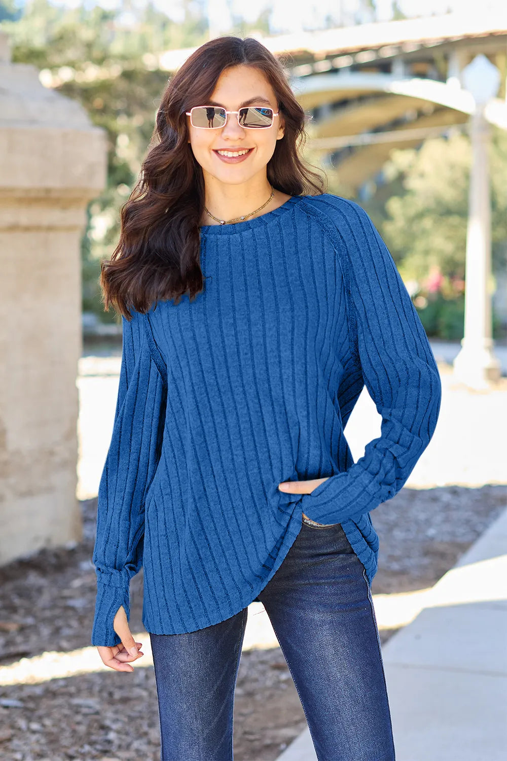 Sarah Express Women's Ribbed Round Neck Long Sleeve Knit Top Royal Blue