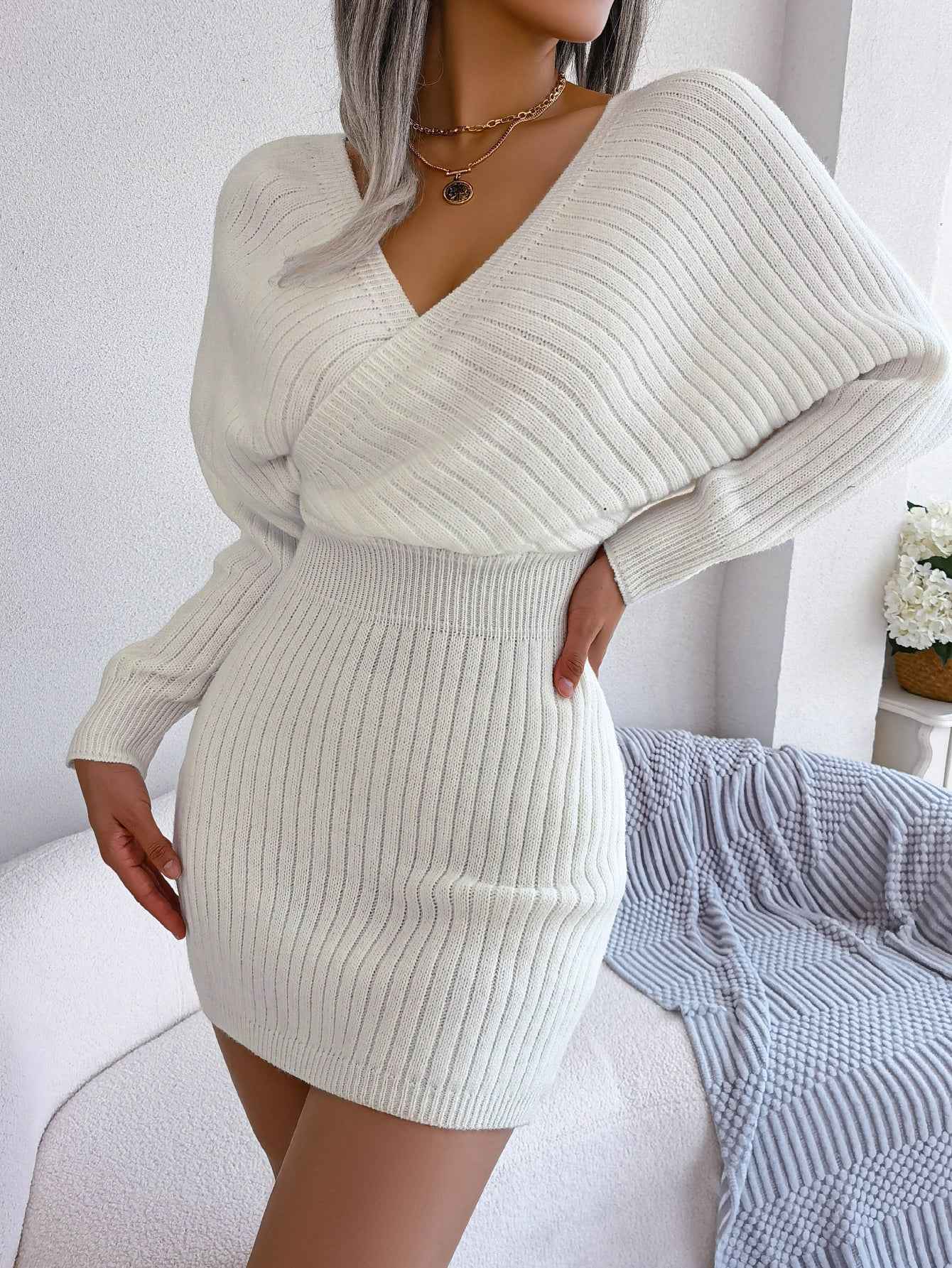 Sarah Express Women's Cross V-Neck Batwing Sleeve Bodycon Sweater Dress - High Waist Knit Dress
