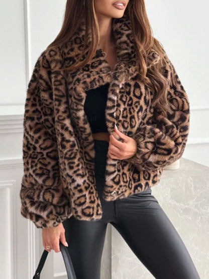 Sarah Express Women's Leopard Faux Fur Cropped Jacket Leopard Print