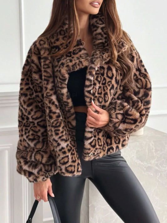 Sarah Express Women's Leopard Faux Fur Cropped Jacket Leopard Print