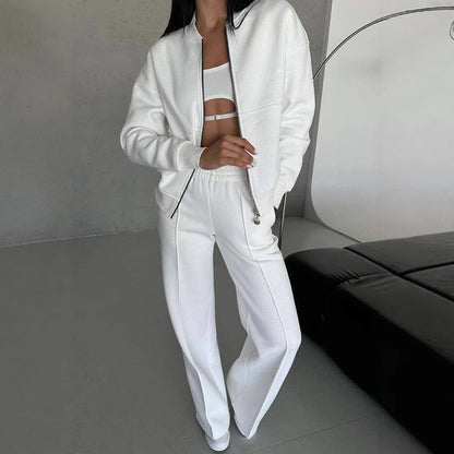 Sarah Express Women's Athleisure Tracksuit Set - Zipper Jacket & Wide Leg Pants Two Piece Outfit White