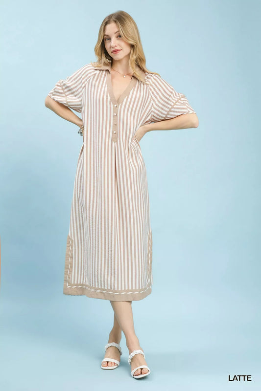 Sarah Express Women's Coastal Stripe Midi Dress with Side Slit LATTE