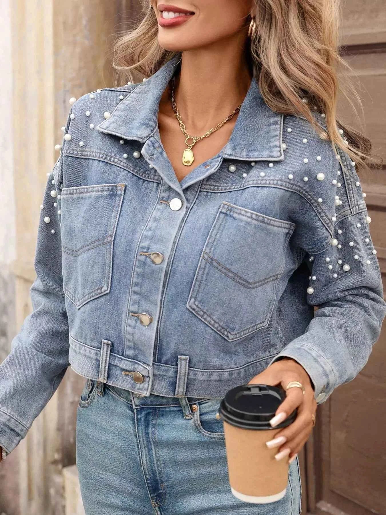 Sarah Express Women's Pearl Embellished Cropped Denim Jacket