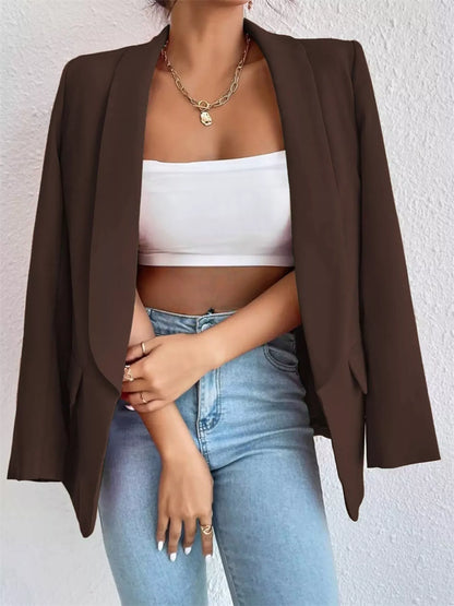 Sarah Express Women's Open Front Casual Blazer Plus Size Long Sleeve Professional Outerwear Brown