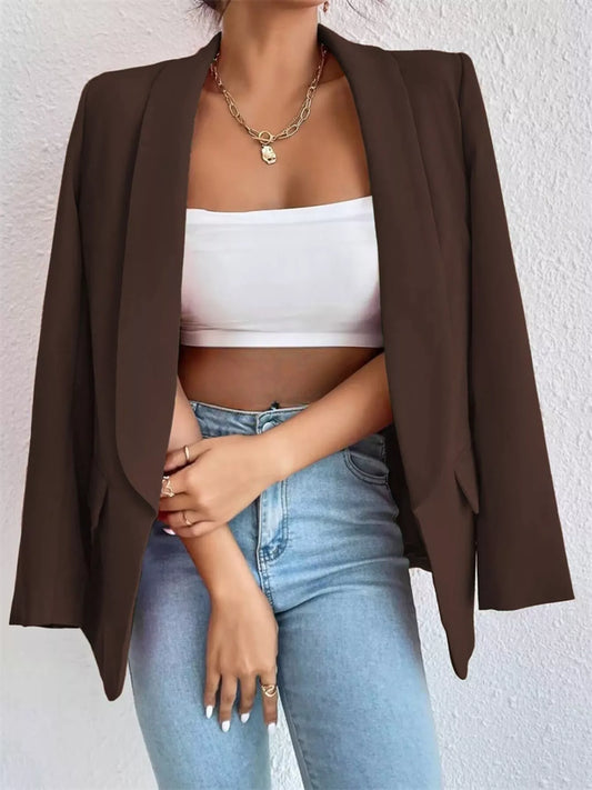 Sarah Express Women's Open Front Casual Blazer Plus Size Long Sleeve Professional Outerwear Brown