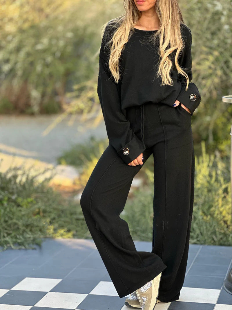 Sarah Express Women's Two-Piece Matching Set Long Sleeve Top Wide Leg Pants