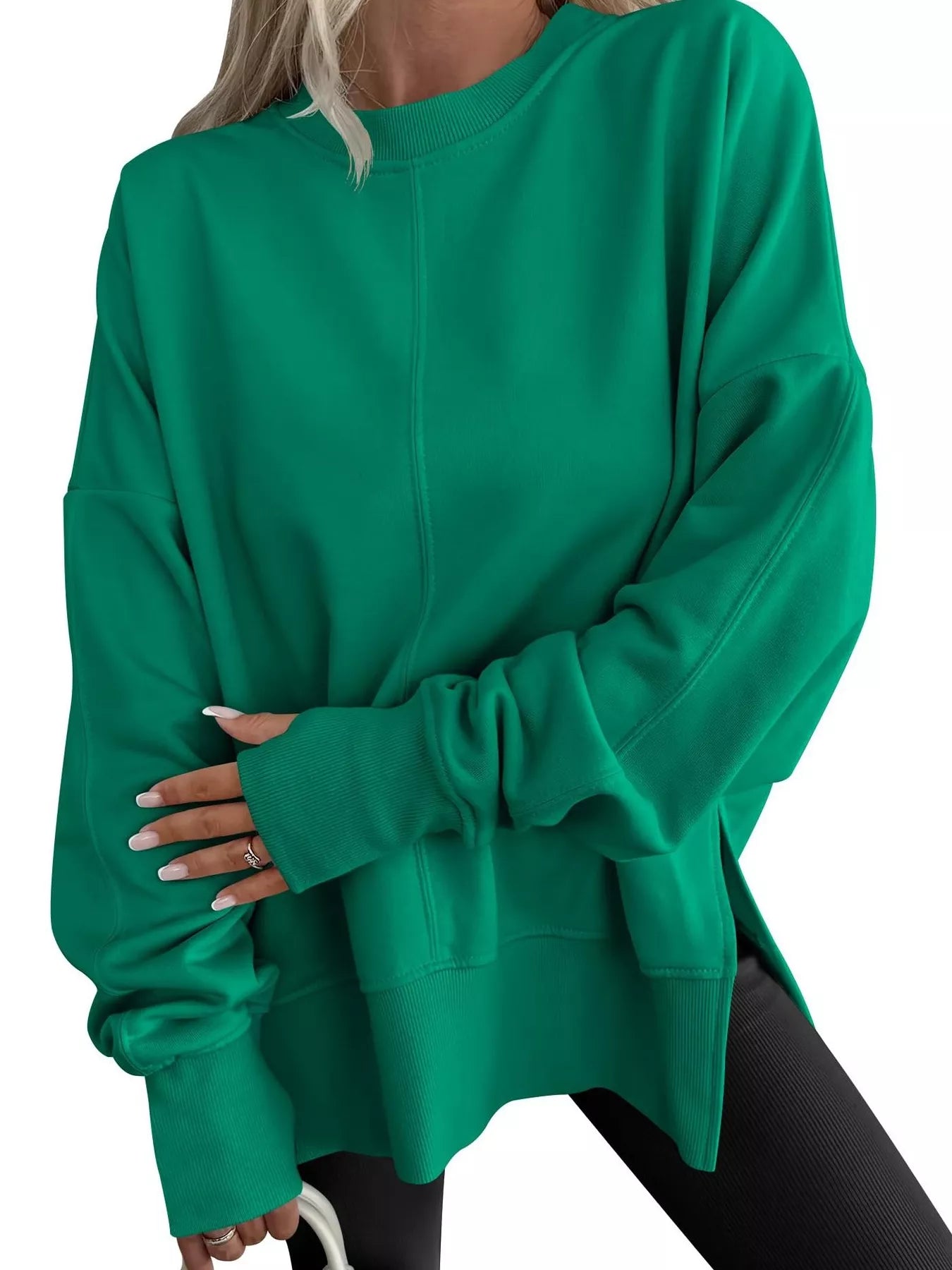 Sarah Express Women's Side Slit Round Neck Long Sleeve Sweatshirt Green