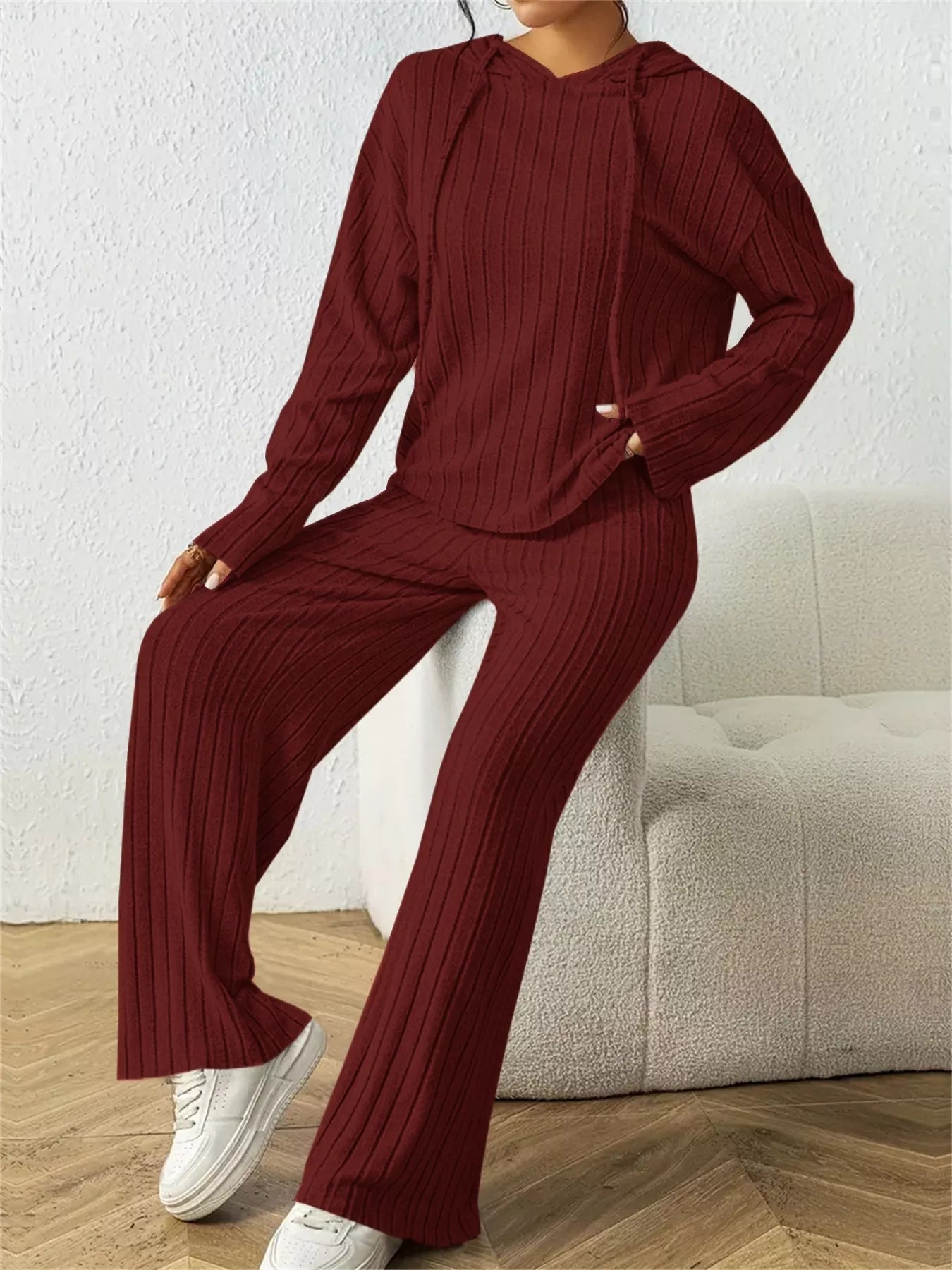 Trendsi Women's Ribbed Drawstring Hoodie and Pants Set Wine Red
