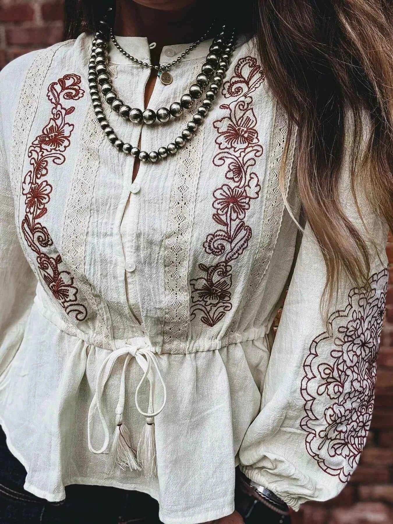 Sarah Express Women's Embroidered Drawstring Waist Blouse - Buttoned Long Sleeve Top