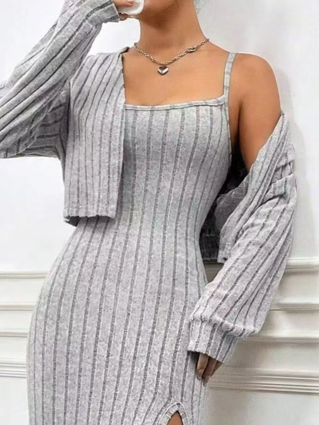 Sarah Express Women's Ribbed Knit Cami Dress & Cardigan Set - Two Piece Outfit Light Gray